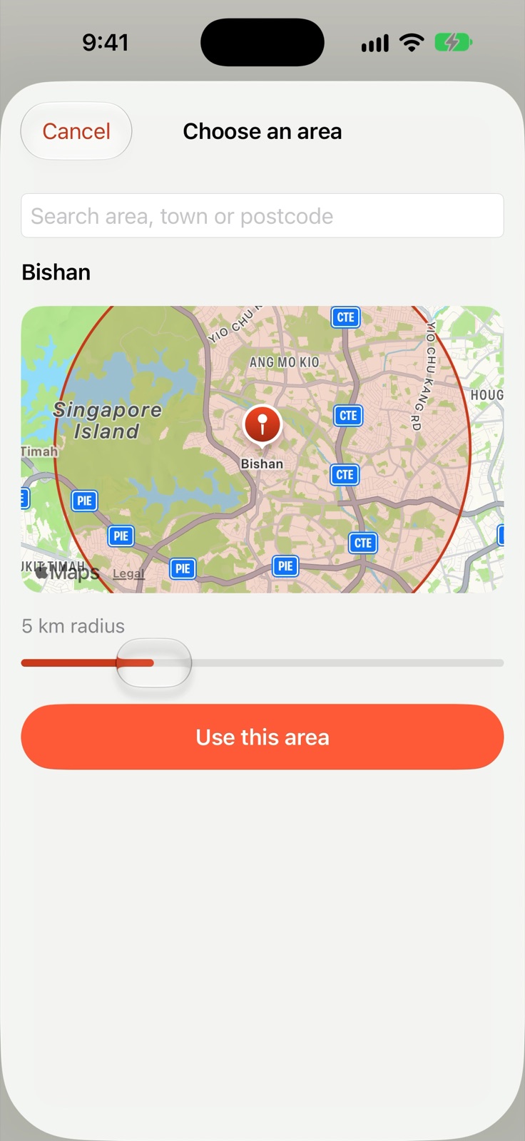 Choosing an area: Bishan on a map with a five-kilometre radius