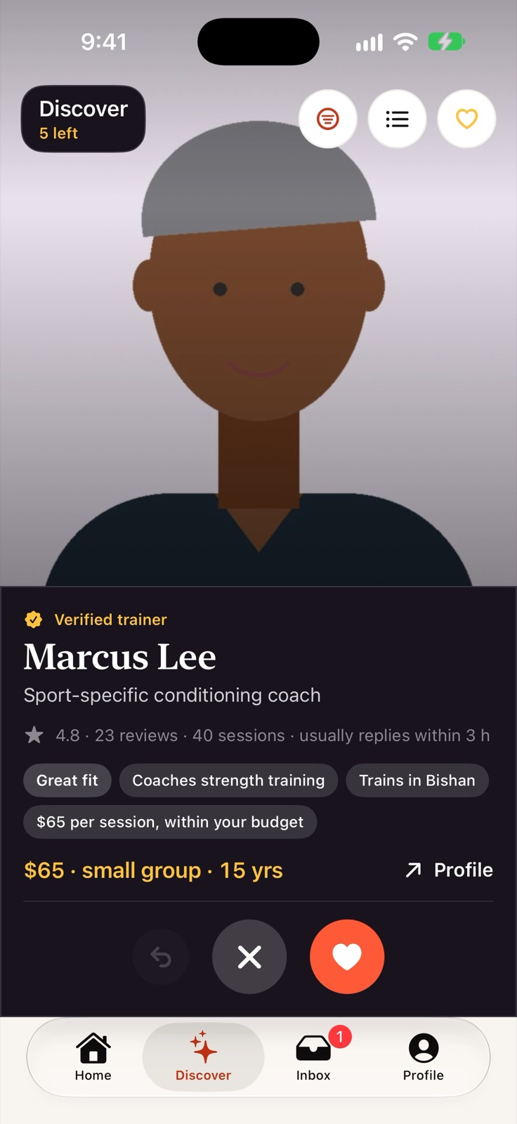 A match card for a verified trainer, with reasons: coaches strength training, trains in Bishan, within your budget