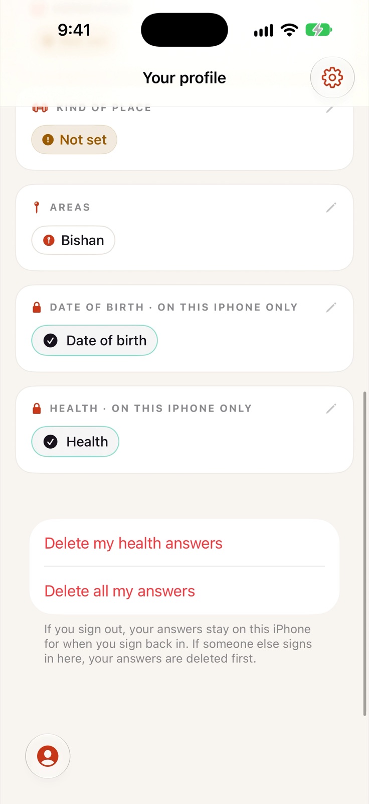 A client's profile: date of birth and health marked on this iPhone only