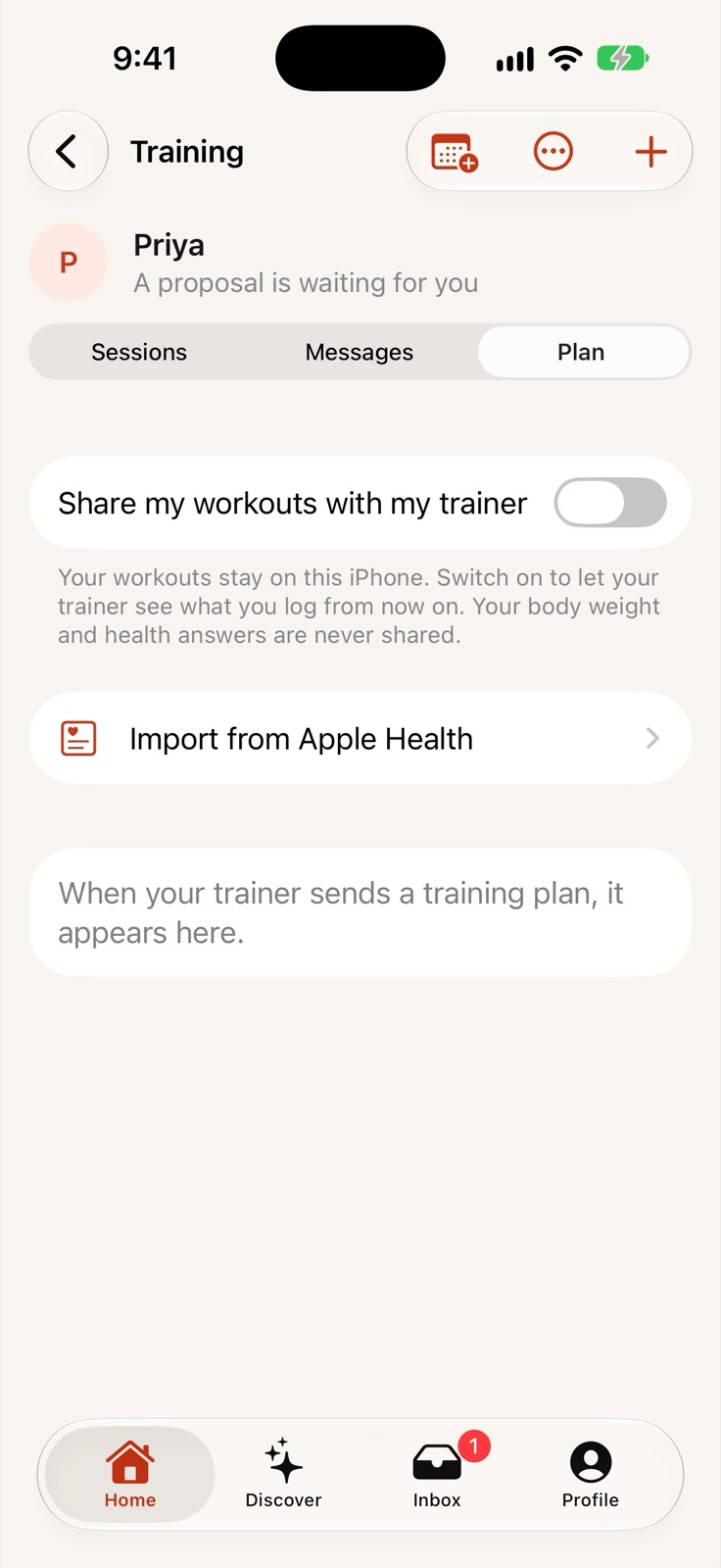 The Share my workouts with my trainer switch, off, with Import from Apple Health
