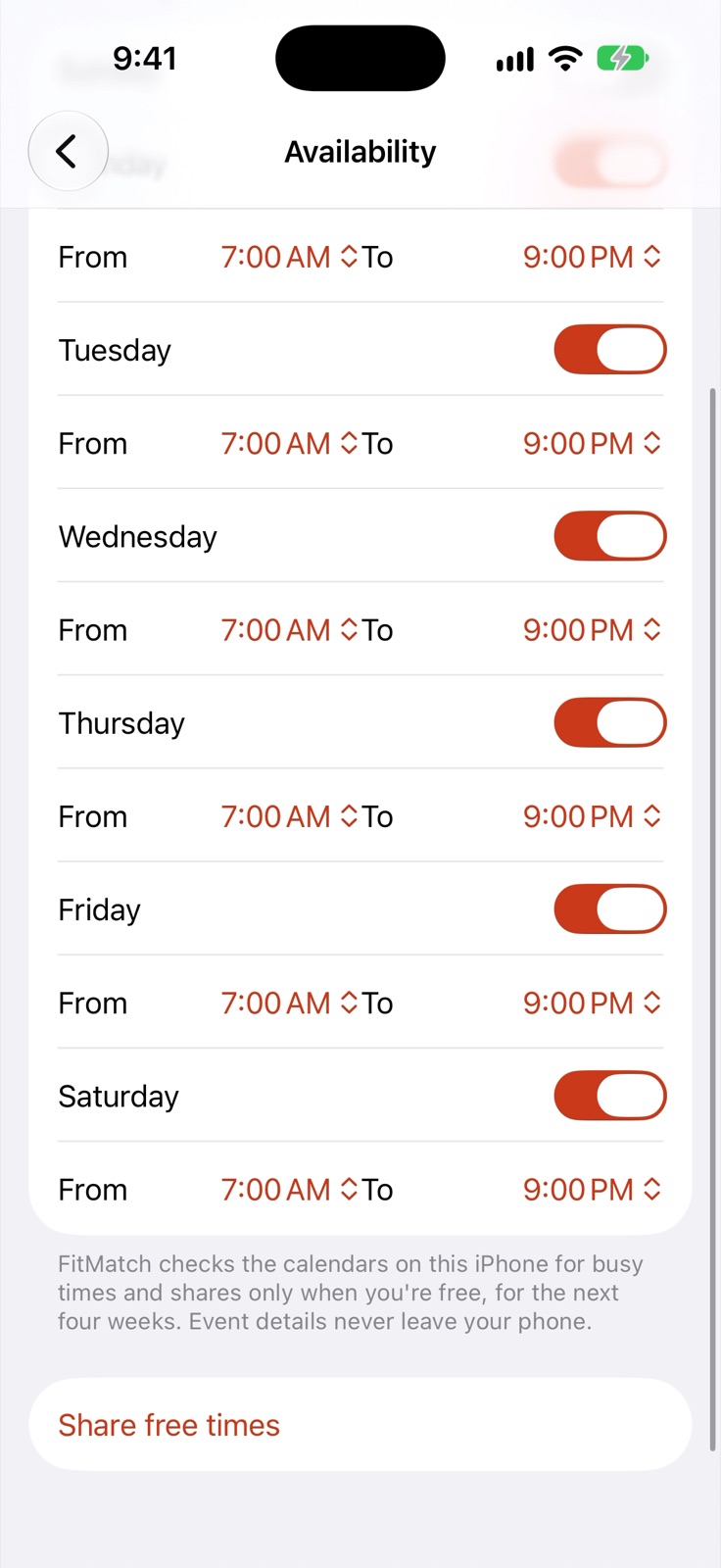 Availability: working hours for each day and the Share free times button