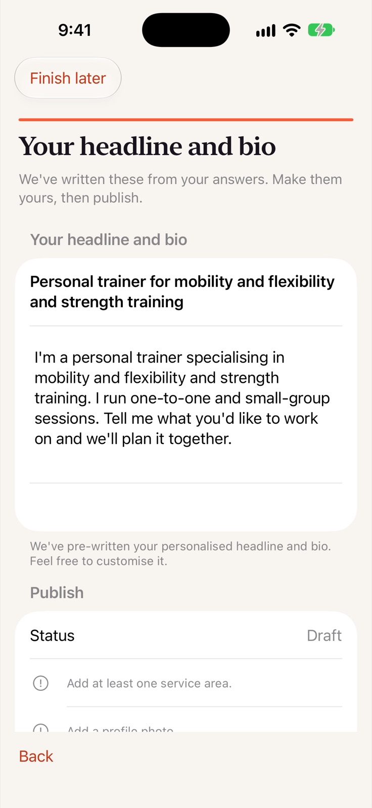 Trainer setup: a headline and bio written from the trainer's answers, ready to edit