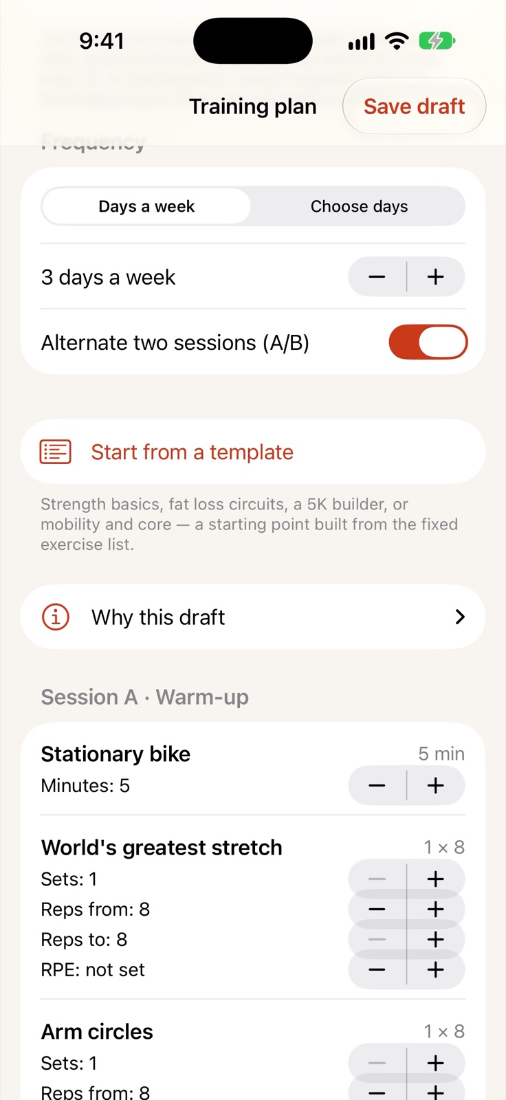 A drafted training plan: three days a week, alternating two sessions, with a warm-up of stationary bike and stretches