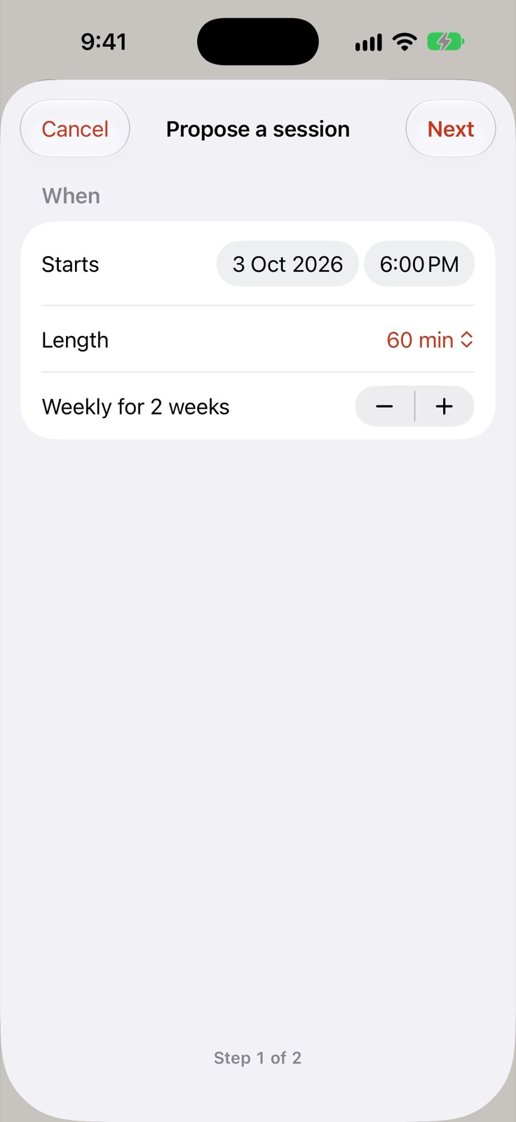 Proposing a session: start date and time, sixty minutes, weekly for two weeks