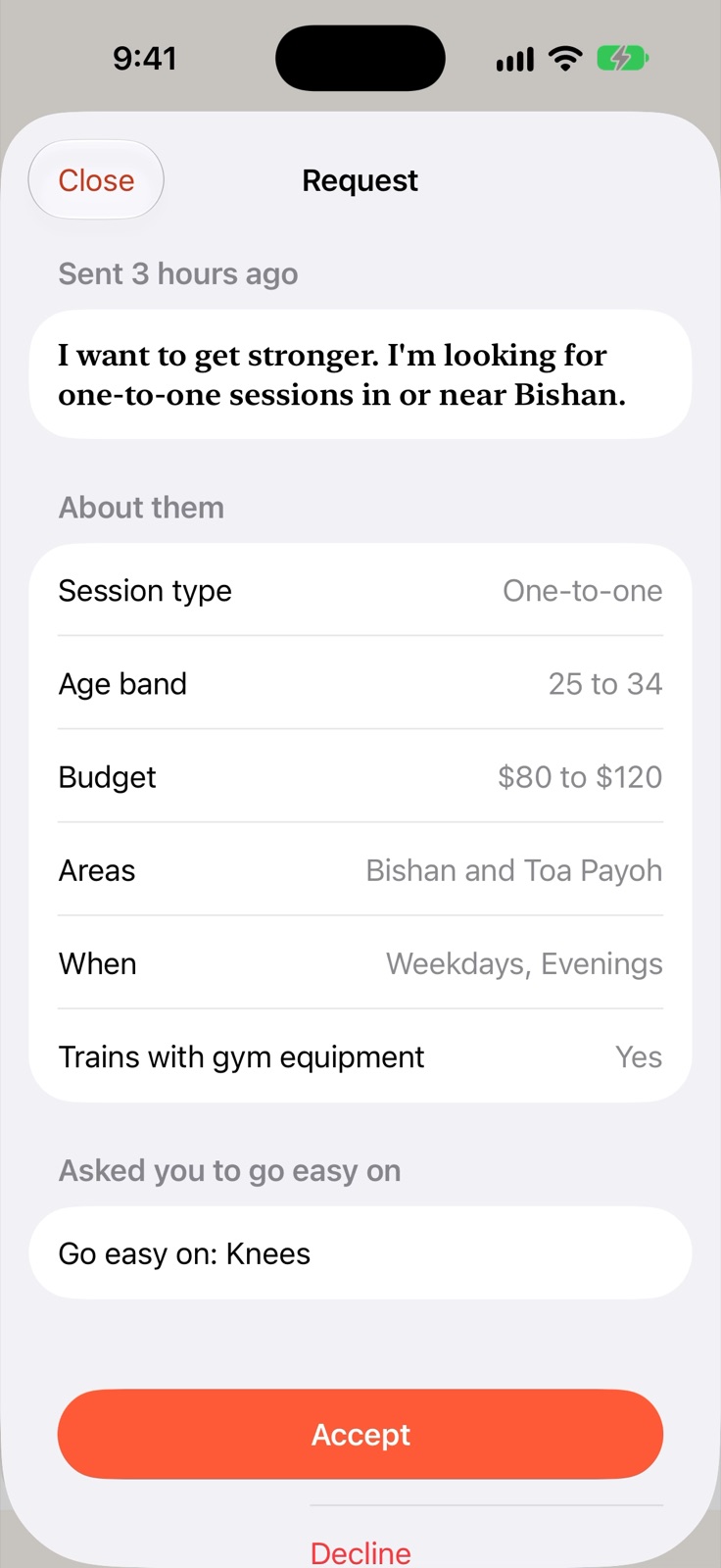 A client's request: a goal, one-to-one sessions, age band 25 to 34, budget, areas Bishan and Toa Payoh, weekday evenings, and go easy on knees
