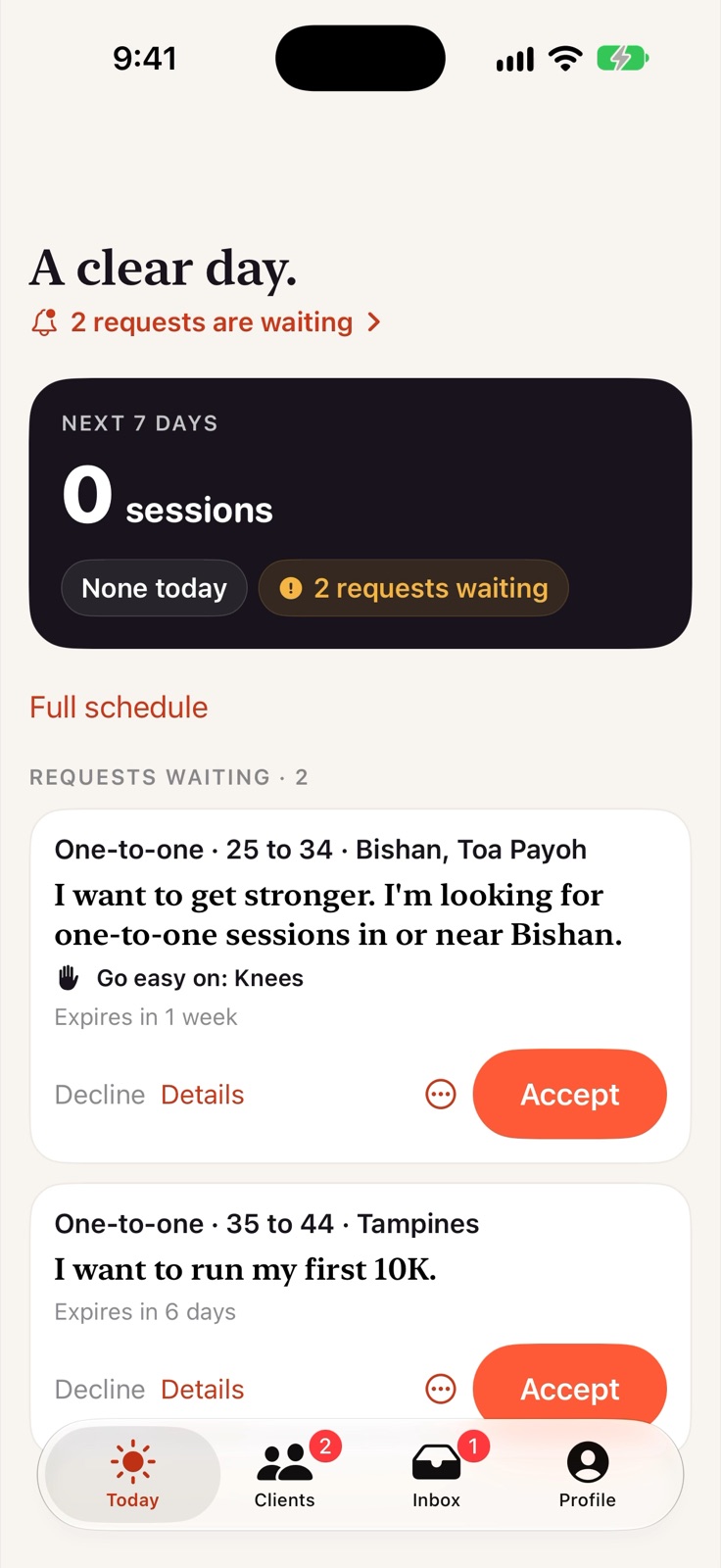 A trainer's Today: the next seven days and two requests waiting