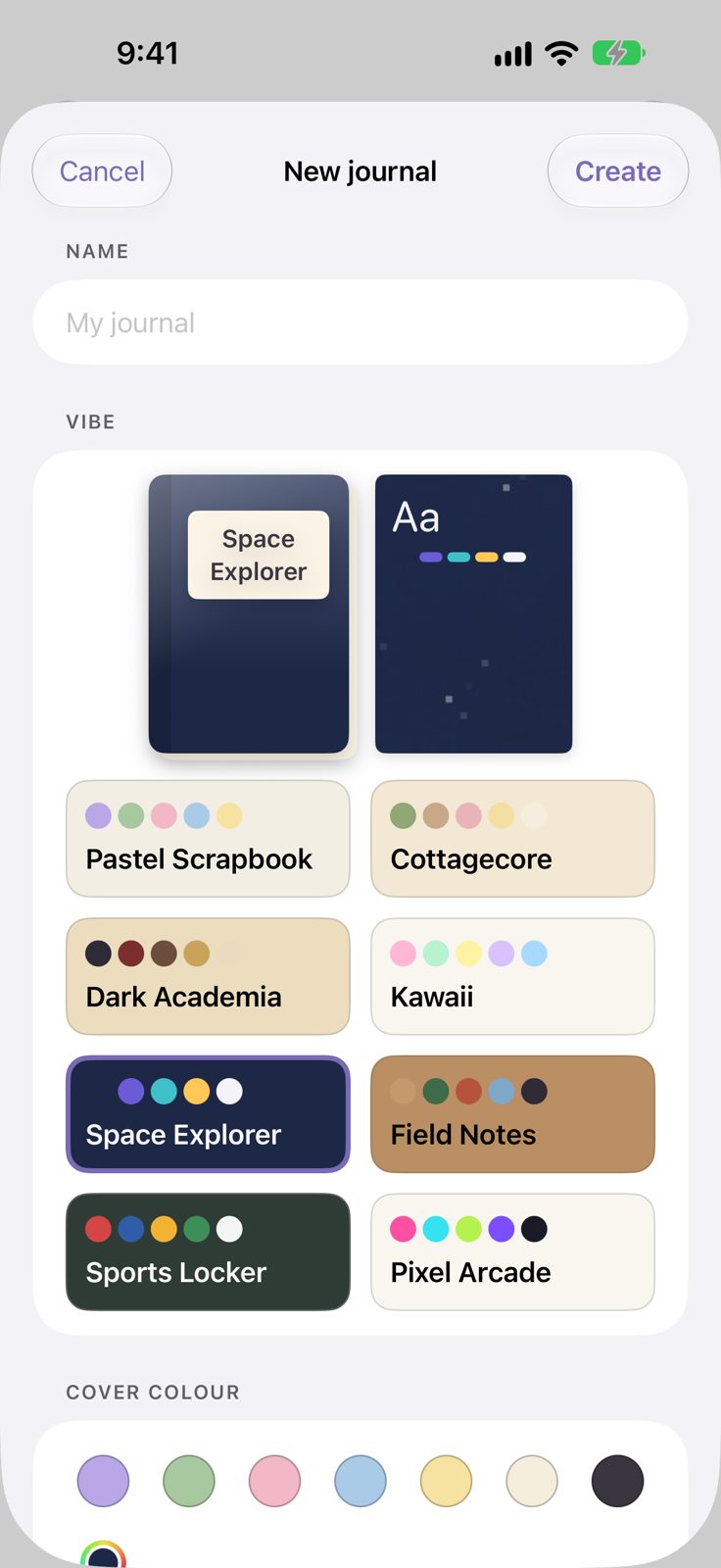 Choosing a vibe: Pastel Scrapbook, Cottagecore, Dark Academia, Kawaii, Space Explorer, Field Notes and more