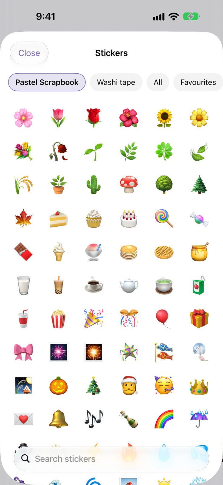 The sticker drawer with flowers, food and party stickers