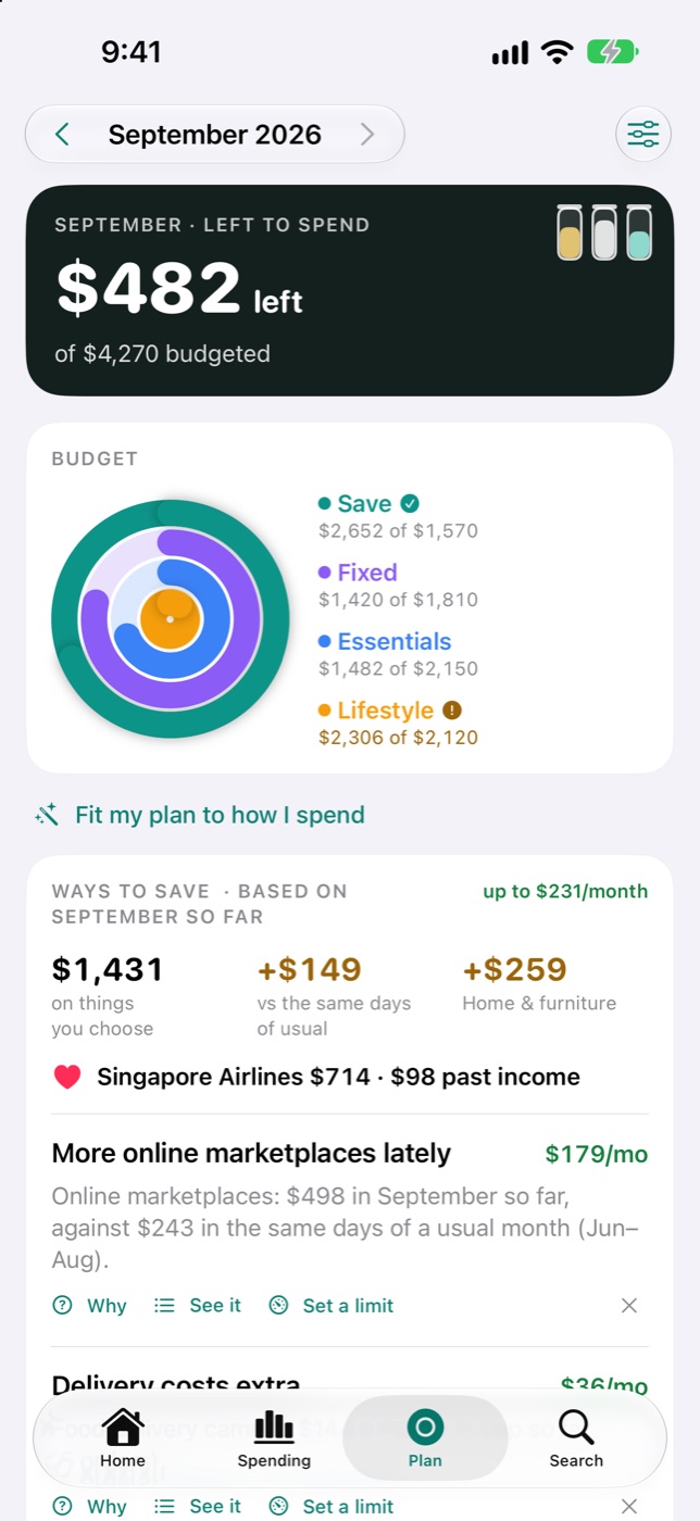 Tallied Plan: left to spend, budget rings and ways to save