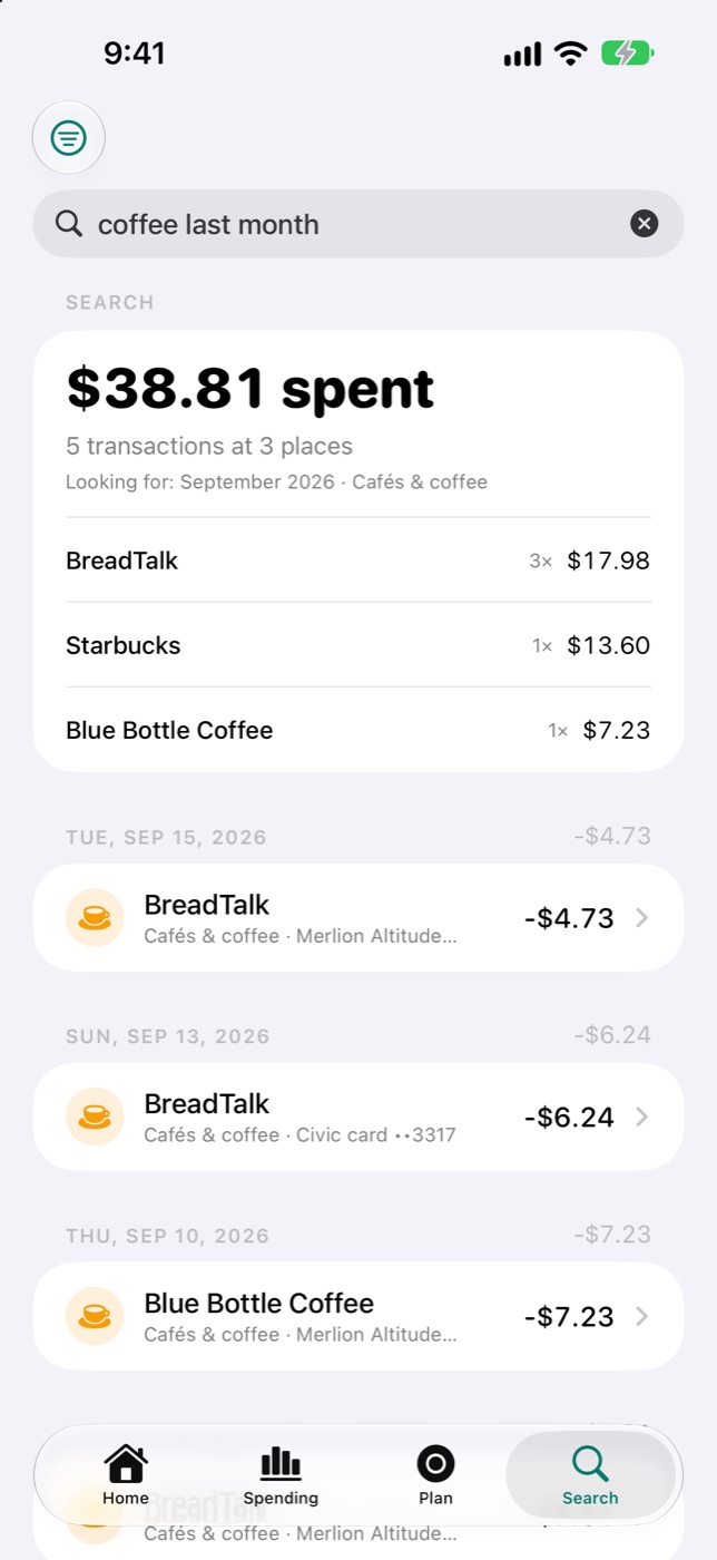 Search for coffee last month: $38.81 spent, five transactions