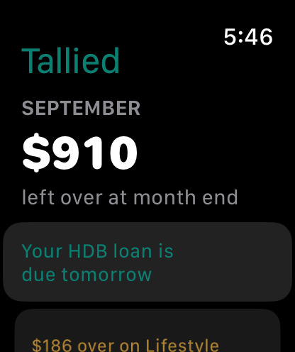 Tallied on Apple Watch: $910 left over at month end