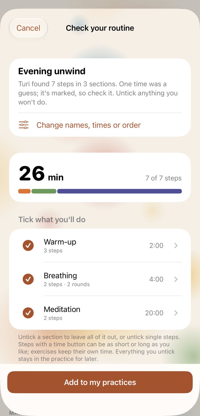 Checking an imported Evening unwind routine: 7 steps in 3 sections, 26 minutes, with each section ticked
